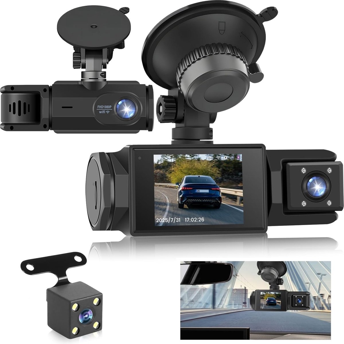 Dashcam voor Auto – 3-kanaals Draadloze Dashcam met App, Voor Binnenin Achter Camera, Full HD 1080P, 2” IPS-scherm, Nachtzicht, Bewegingsdetectie, Loopopname