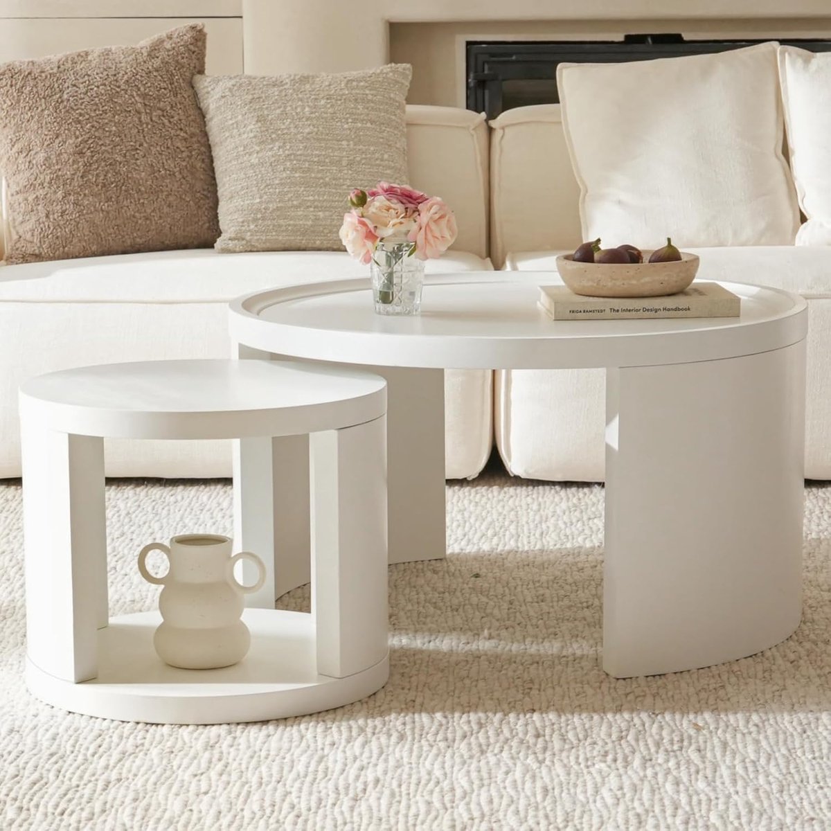 Rond, salontafel, set van 2, moderne koffietafels, grenenhout, bijzettafel, woonkamer, bank, koffietafel, ruimtebesparende woonkamertafel, Ø 80 + Ø 46 (wit, L + S)