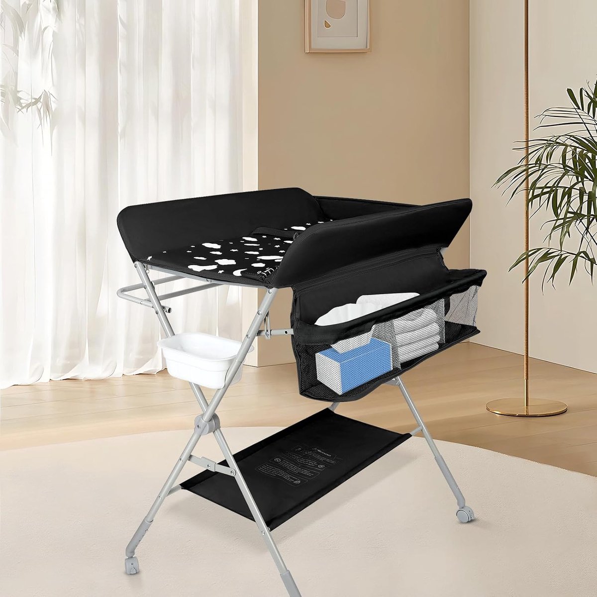Opvouwbare luiertafel, luiertafel, babyluiertafel, beweegbare verzorging voor pasgeborenen, 80 x 58 x 90 cm, zwart