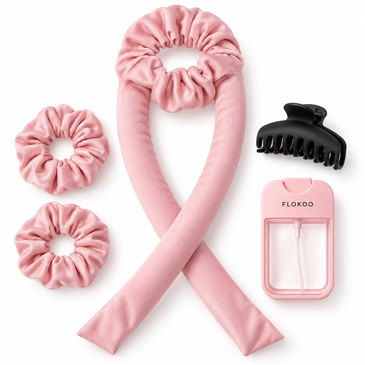 Heatless Curls Set 5-delig – Krullen Zonder Hitte – Satijnen Krulband 98 cm – Inclusief 2 Scrunchies, Haarklem & Sprayfles – Roze