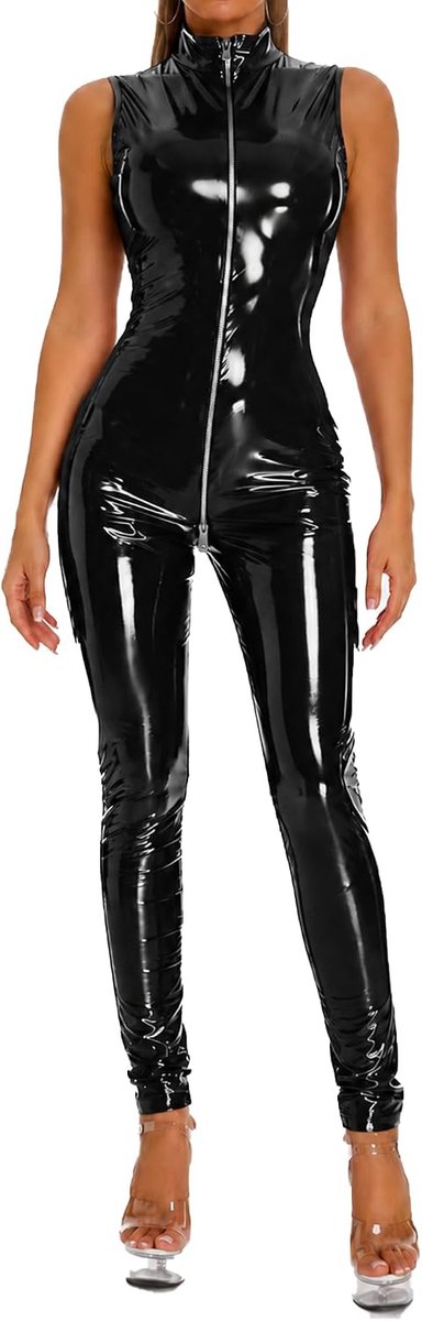 Overall voor dames, wetlook, mouwloos, met ritssluiting