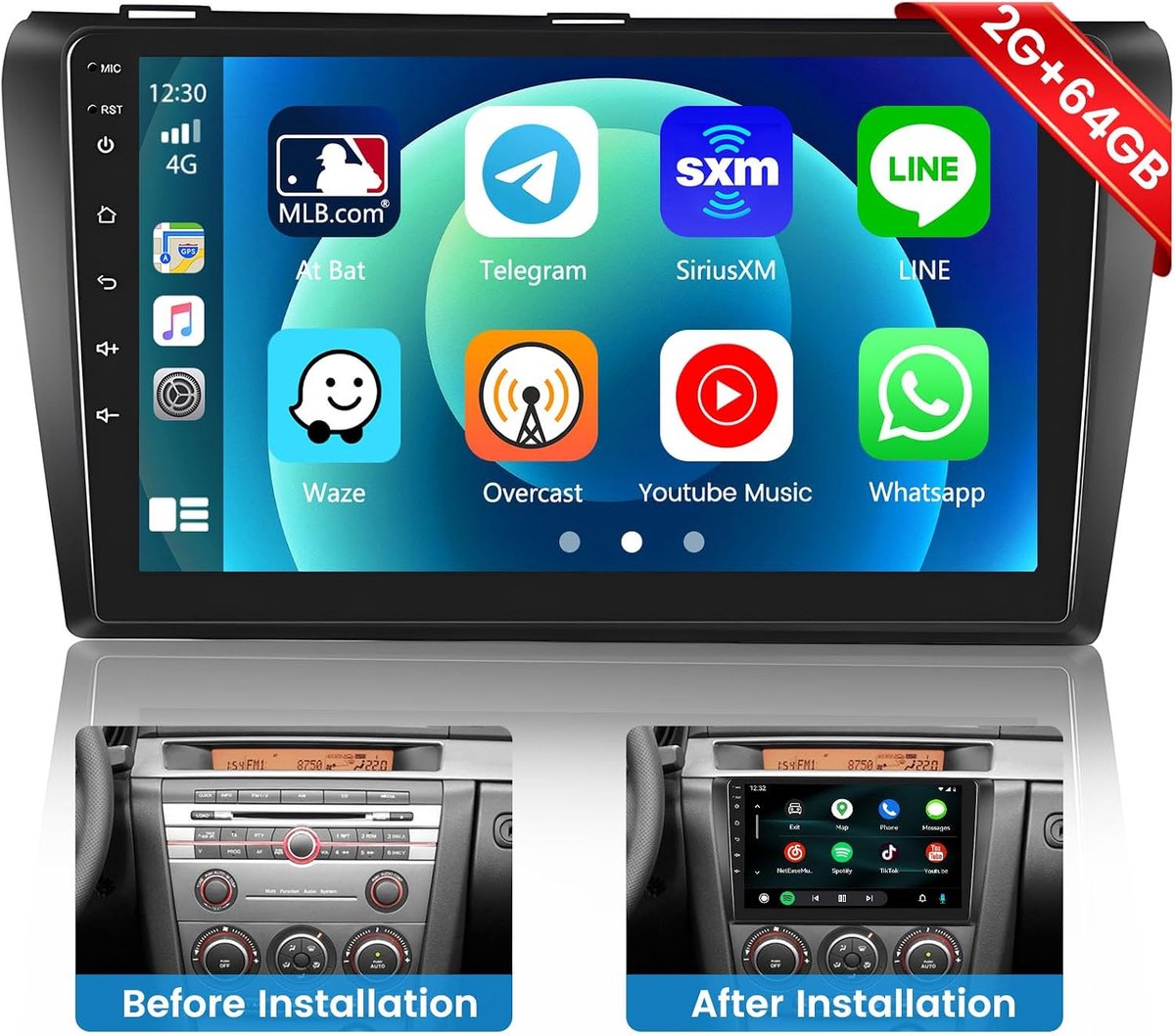 Autoradio voor Mazda 3 (2006-2012) met Carplay Draadloos Android Auto [2GB+64GB]9'' Android 13 Bluetooth Touch Screen Autoradio voor Mazda 3 met GPS WiFi HiFi RDS FM USB Mic Achteruitrijcamera