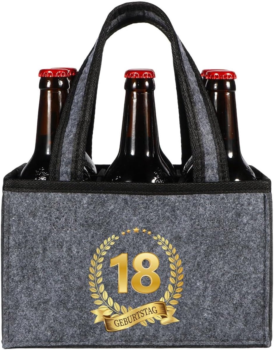 18e verjaardag jongen, 18e verjaardag jongen flessentas 6 flessen, cadeau voor 18e verjaardag, 18e verjaardag man flessendrager, mannenhandtas bier, grijs, mannen handtas bier