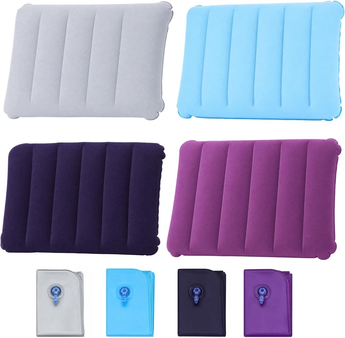 4 stuks opblaasbaar reiskussen, campingkussen van pvc met gevlokt oppervlak, licht en opvouwbaar, voor strand, wandelen en outdoor, donkere kleuren, 47 x 30 cm