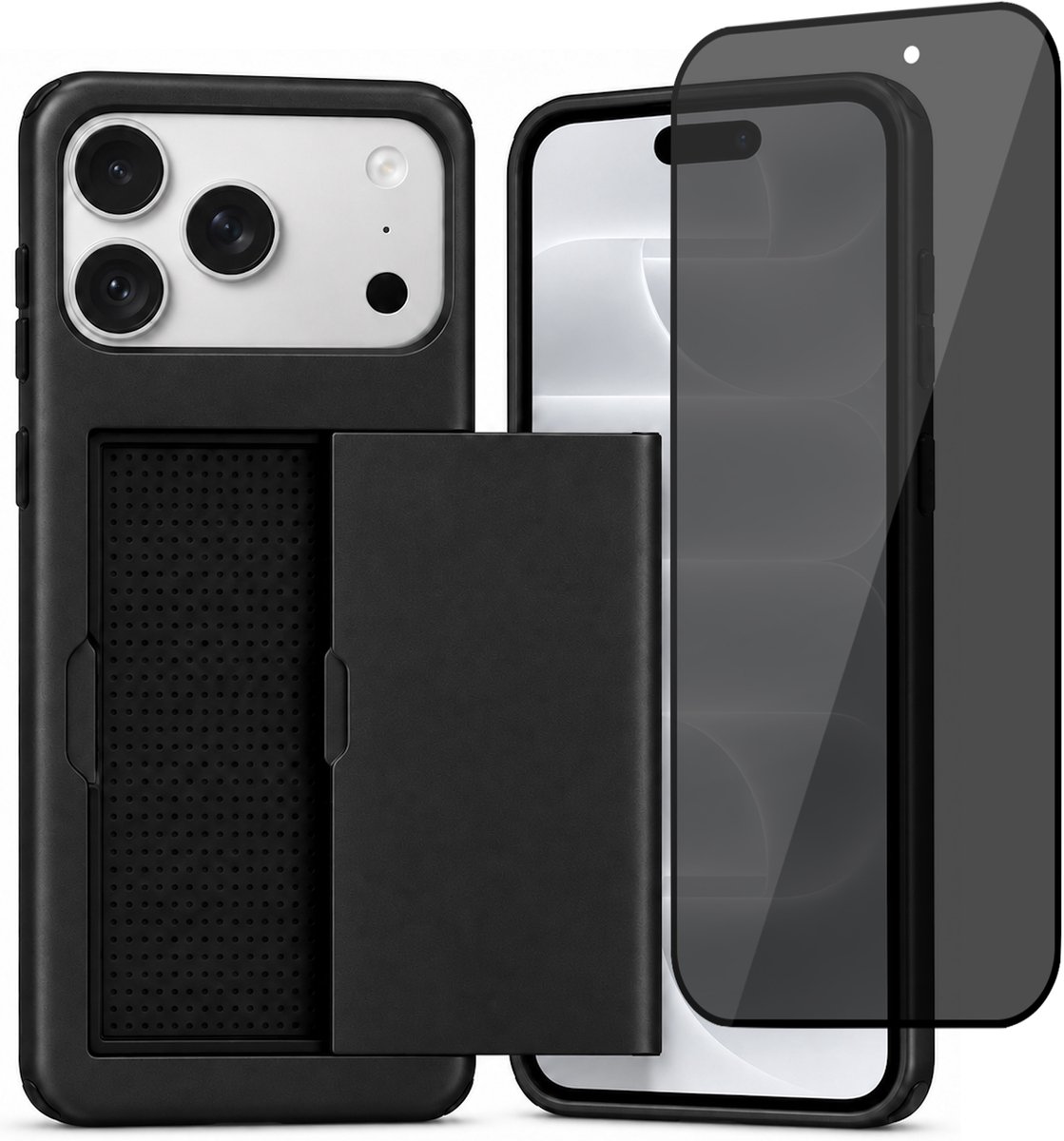 Hoesje met Pasjeshouder geschikt voor iPhone 18 Pro Max / 17 Pro Max – Back Cover Slide Case – Zwart – Privacy Screenprotector – Anti Inkijk