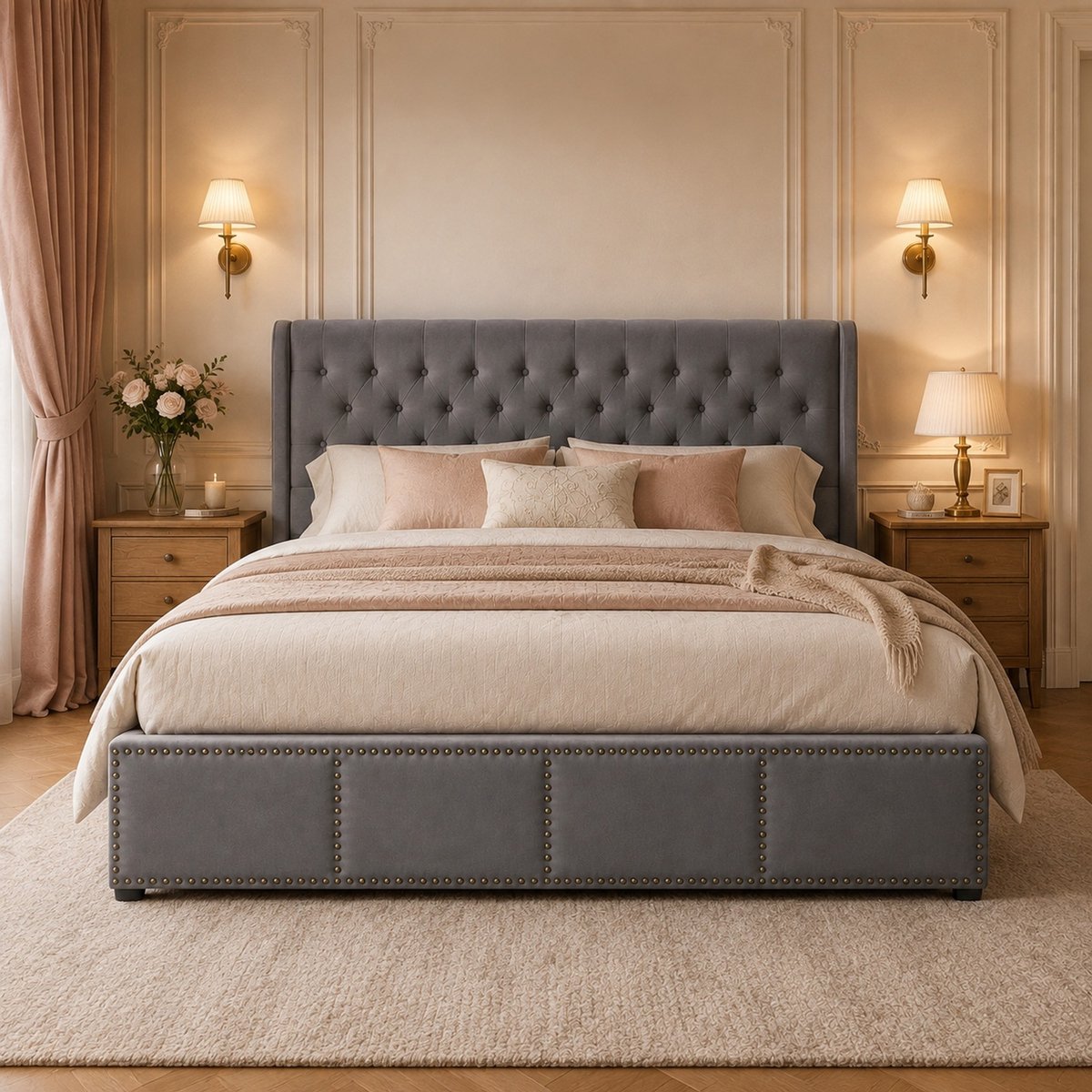 WUVRIE Gestoffeerd opbergbed 140x200 cm met hydraulisch hefmechanisme en lattenbodem, grijs fluweel
