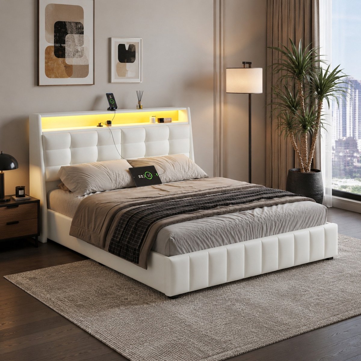 WUVRIE Gestoffeerd bed 160x200 cm met LED, USB, opbergruimte en verstelbaar hoofdeinde, wit