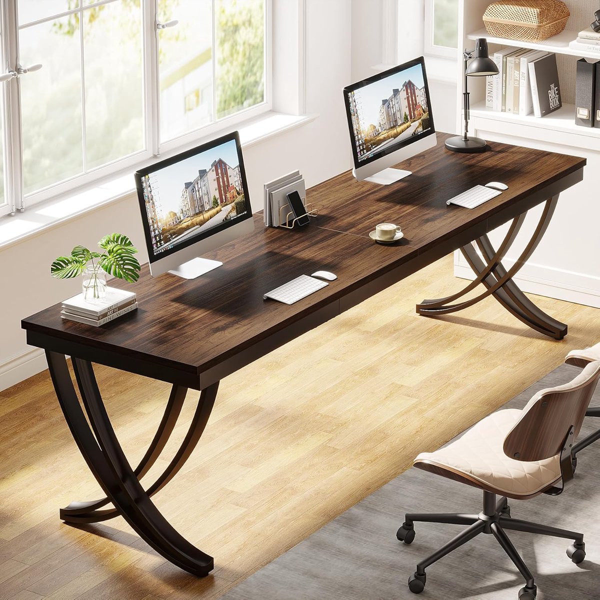 Bureau, computertafel, 200 x 70 x 75 cm, dubbel lang bureau, pc-tafel, bureautafel, werktafel, eettafel, kantoormeubilair, computertafel voor thuiskantoor, rustiek bruin