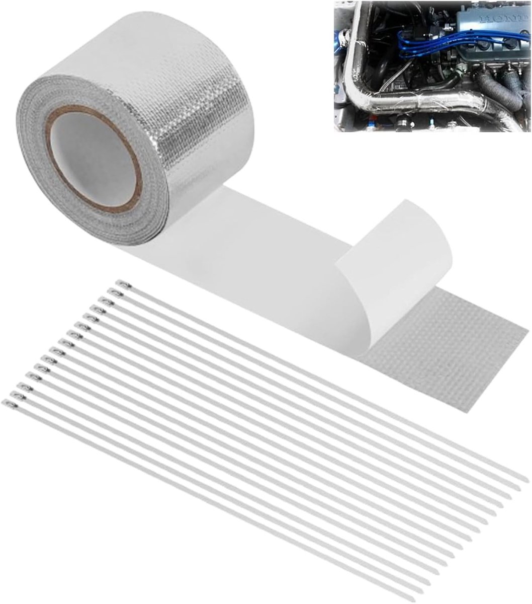 Uitlaatafscherming tape 5 cm x 10 m - zelfklevend aluminium met glasvezel - tot 800 °C - ideaal voor autos en motoren - ShopVlot