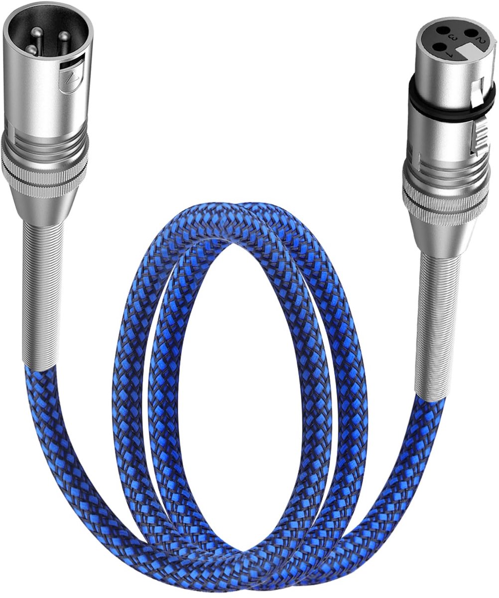3-pins XLR-microfoonkabel, metalen veer, XLR-stekker naar bus, voor studio-opnames, audiomixer, podiumverlichting, blauw, 1 m