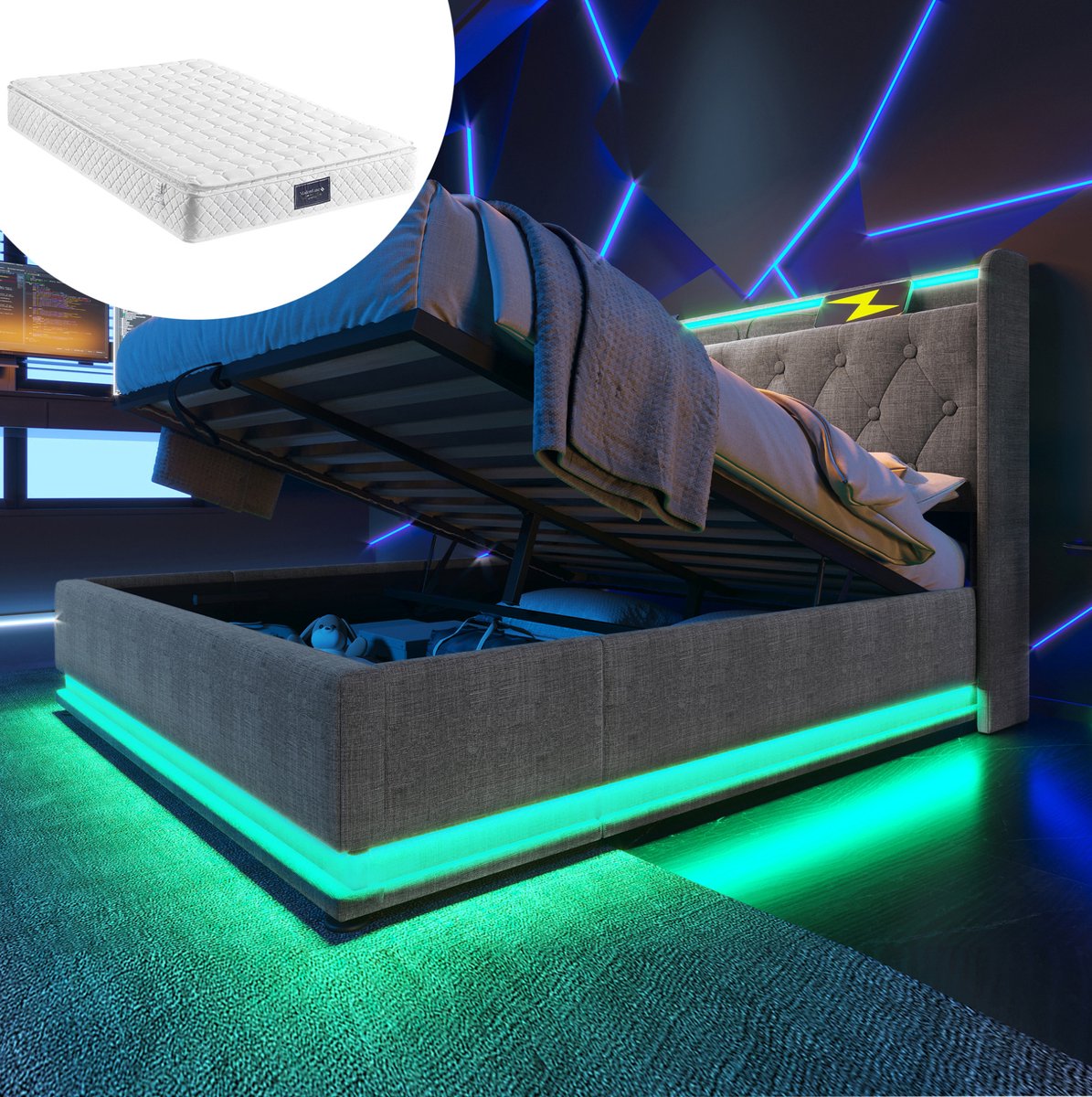 WUVRIE Tweepersoons opbergbed 140x200 cm met 360° LED, USB-C, lattenbodem en gestoffeerd hoofdbord, grijs