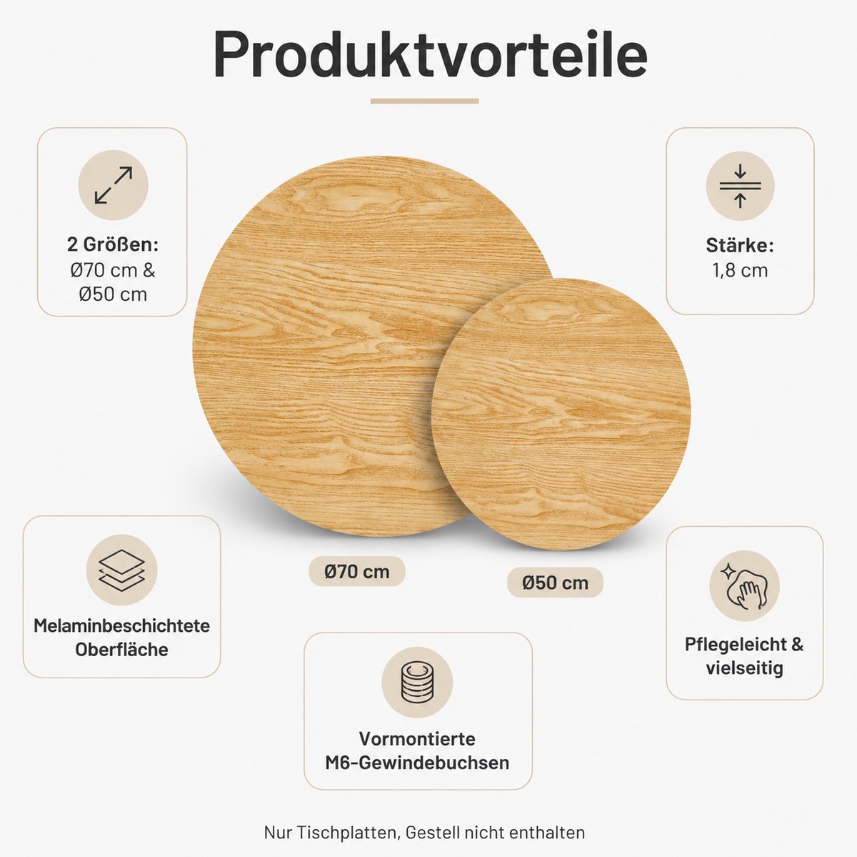 MODFU Set Van 2 Ronde Tafelbladen - Melaminecoating - Houtlook - Ø70 En Ø50 Cm - 1,8 Cm Dik Houtkleur