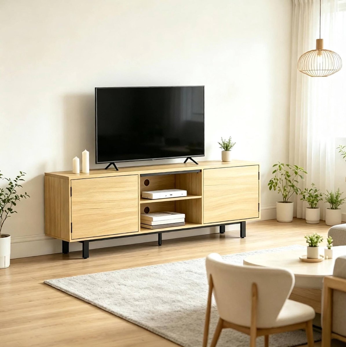 MODFU TV-Meubel - 2 Drukdeuren - 2 Open Vakken - Naturel/Zwart - 160 CM