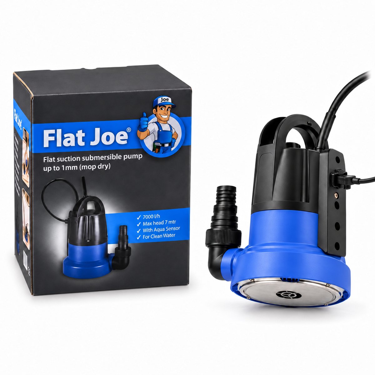 Flat Joe ® - Vlakzuigende Dompelpomp - 7000 l/h - Dweildroog tot 1mm - incl Aqua sensor - wateroverlast - kelderpomp - vlakzuiger - dweilpomp - FlatJoe vlakzuigpomp - hoogwater - kelder vijver of zwembad