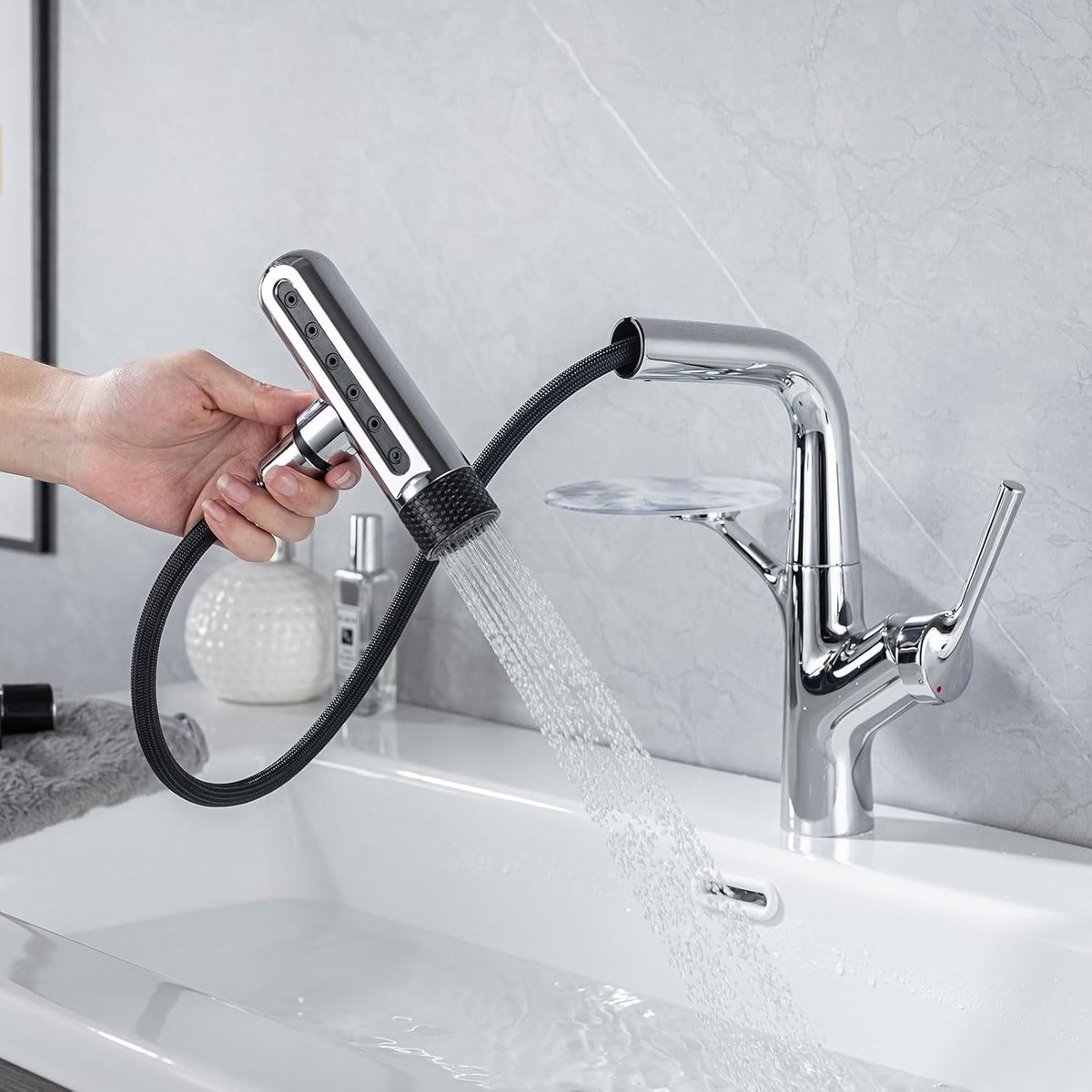 Bathroom Sink Faucet with Pull-Out Shower Faucet Bathroom Single Lever Mixer Tap Basin for Top Sink with 6 Water Jet - ShopVlot