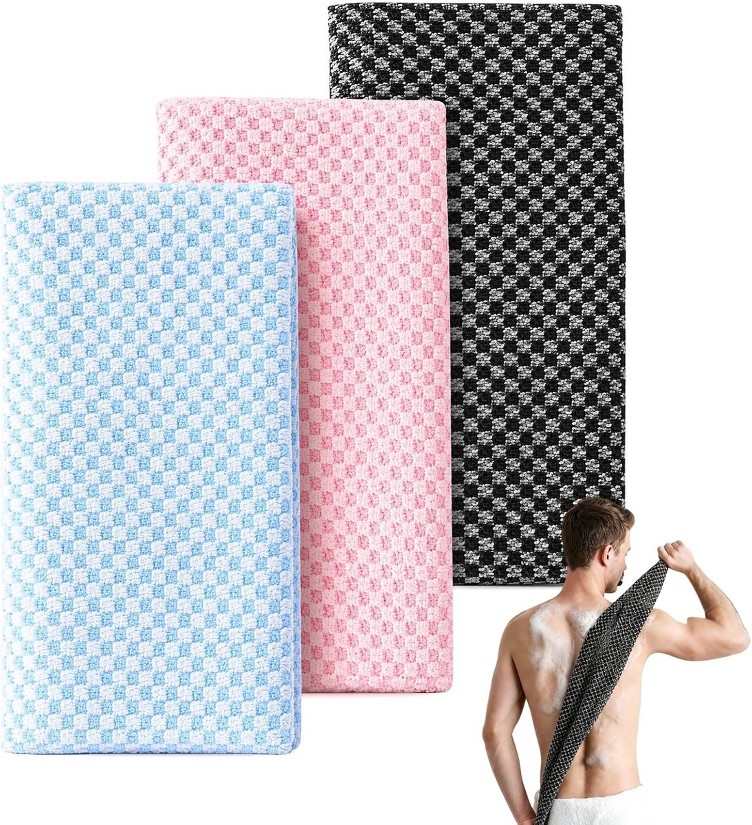 3 stuks peeling-douchehanddoek, Japanse peeling-handdoek, 100 x 25 cm (3 kleuren) - ShopVlot