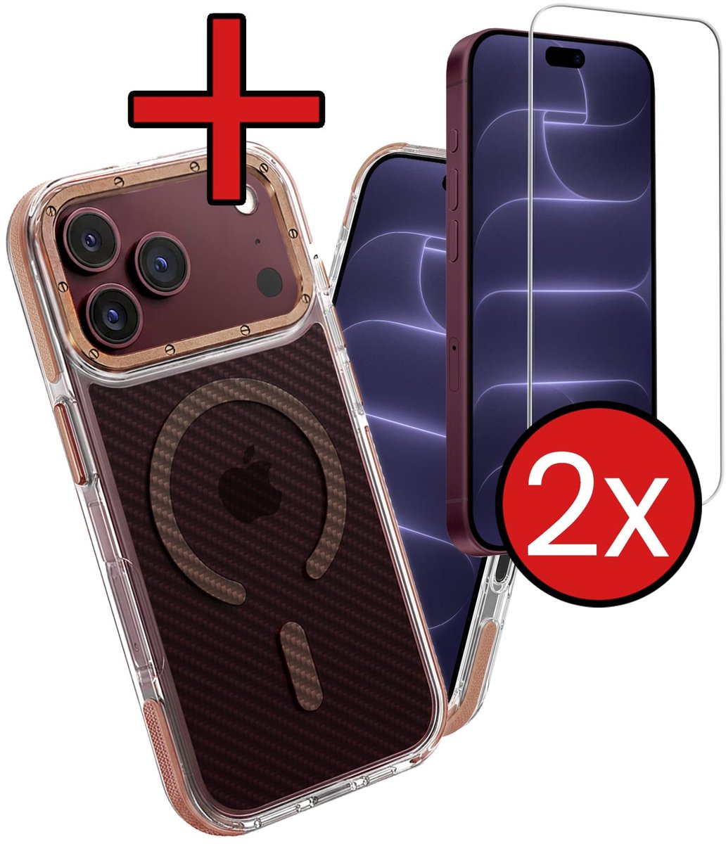 Hoesje - Met 2x Screenprotector - Geschikt voor Apple iPhone 18 Pro Max - Magsafe Compatible - Carbon Look - Sterk & Shockproof - Shock Proof Case - Back Cover - Telefoon Hoes - Telefoonhoes - Bruin