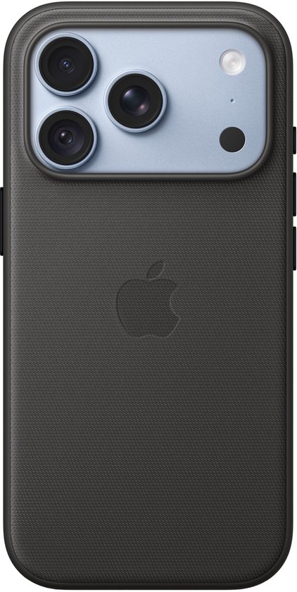 Zwart Apple TechWoven hoesje met MagSafe voor iPhone, met lichtblauwe cameralensring.
