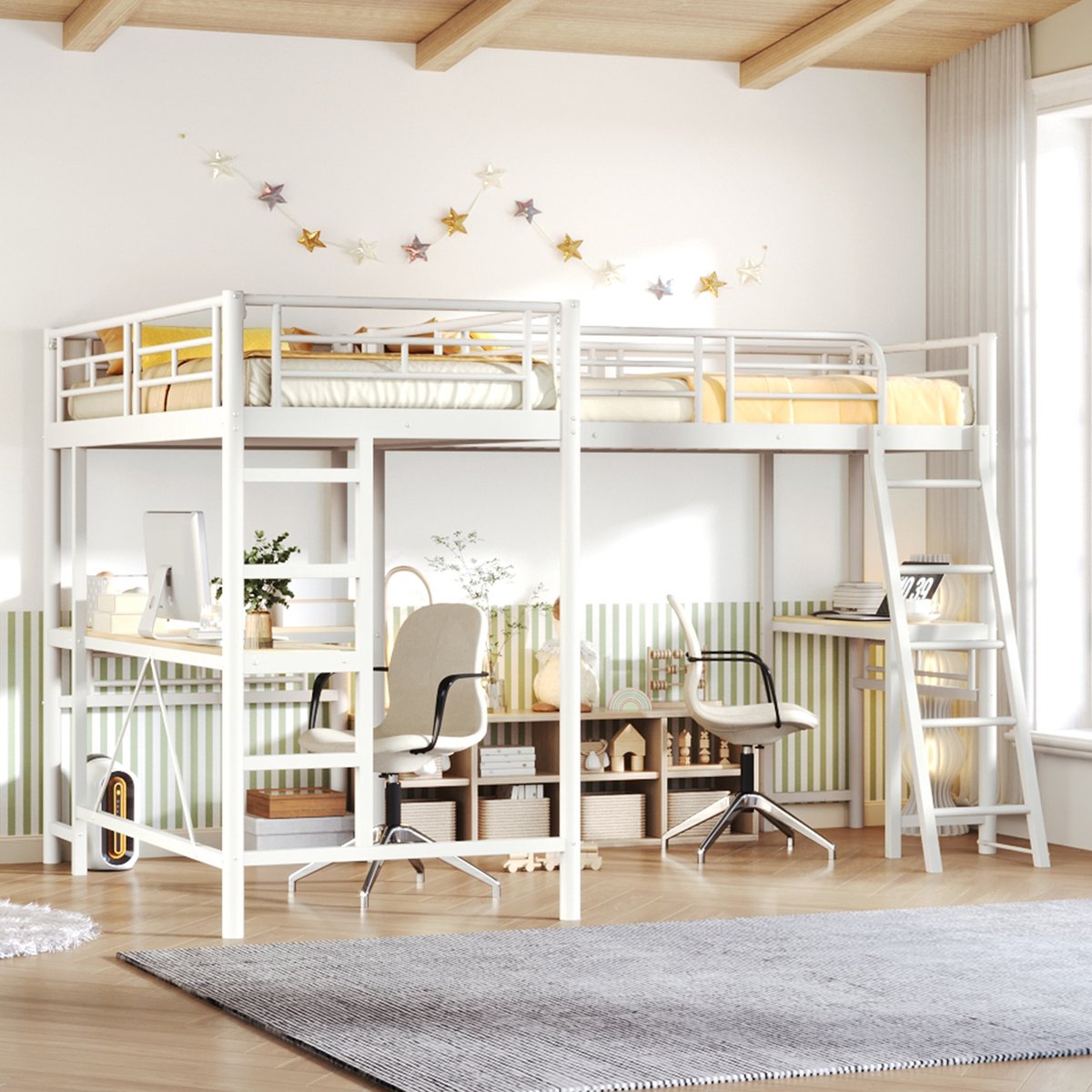 DESMIU Hoogslaper 90x200 cm – Met Bureau en Ladder – Hoge Uitvalbeveiliging – Kinderkamer vanaf 6 Jaar – Metaal en MDF – Wit – Zonder Matras