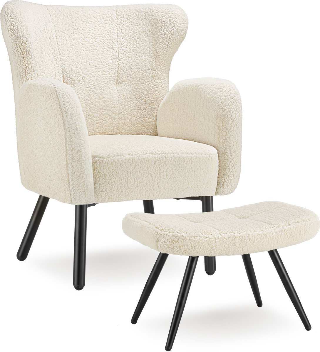 tectake® Fauteuil met Voetenbank – Bouclé Loungefauteuil met Dikke Vulling – Comfortabele Relaxstoel voor Woonkamer en Slaapkamer – Crème/Zwart