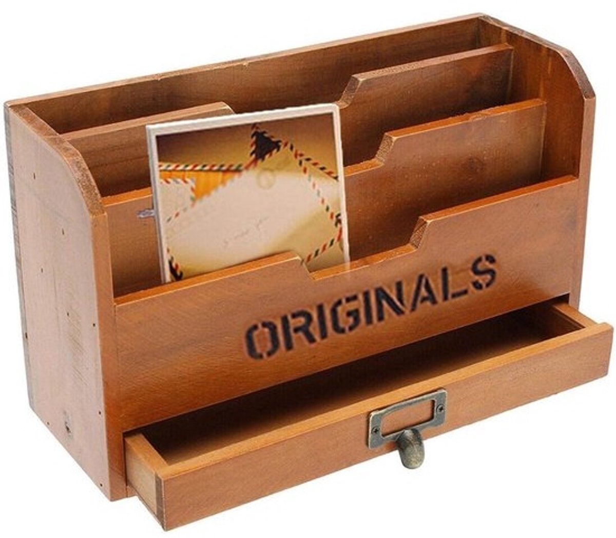 Bureau-organizer - Documentenrek - Kantoororganisatie - Ontwerp met drie rasters - 295 x 11 x 18 cm - Houtkleur
