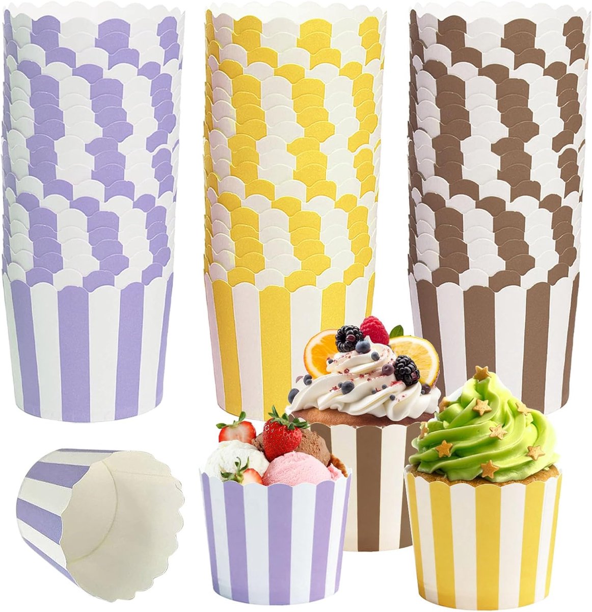 Wrapper, 150 stuks muffinvormpjes, papier, mini-muffinvormpjes, papieren vormpjes, cupcakevormpjes, muffins, papieren vormpjes voor verjaardagen, bruiloften en feesten (koffie, paars, geel)