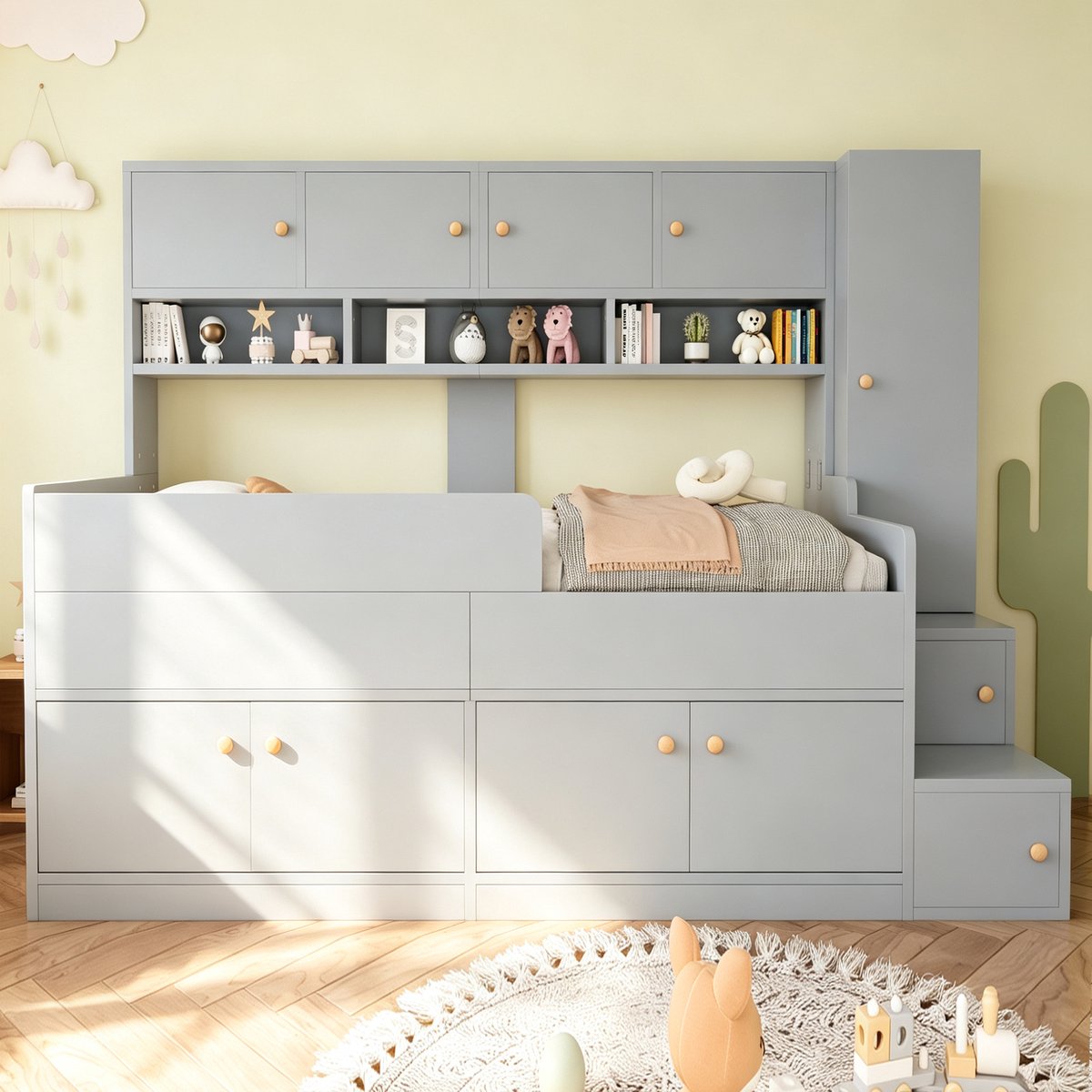 VVBV Kinderbed 90x200 – Kinderbed van Hout met Opbergruimte, Lades, Opbergvakken en LED-Verlichting – Modern Design – Voor Slaapkamer – Grijs