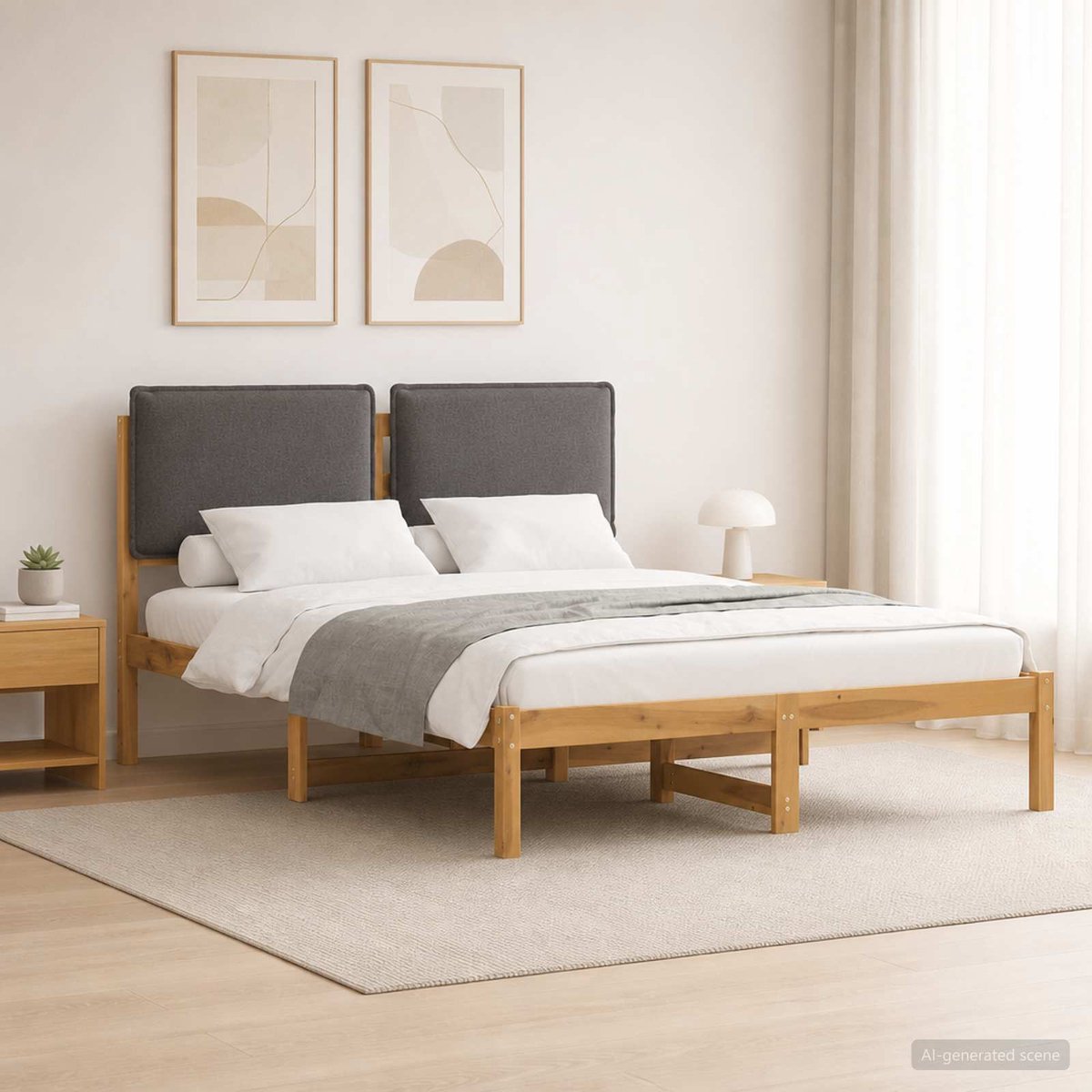 vidaXL Bedframe - met - gestoffeerd - hoofdbord - Whitewash - en - lichtgrijs Whitewash en lichtgrijs