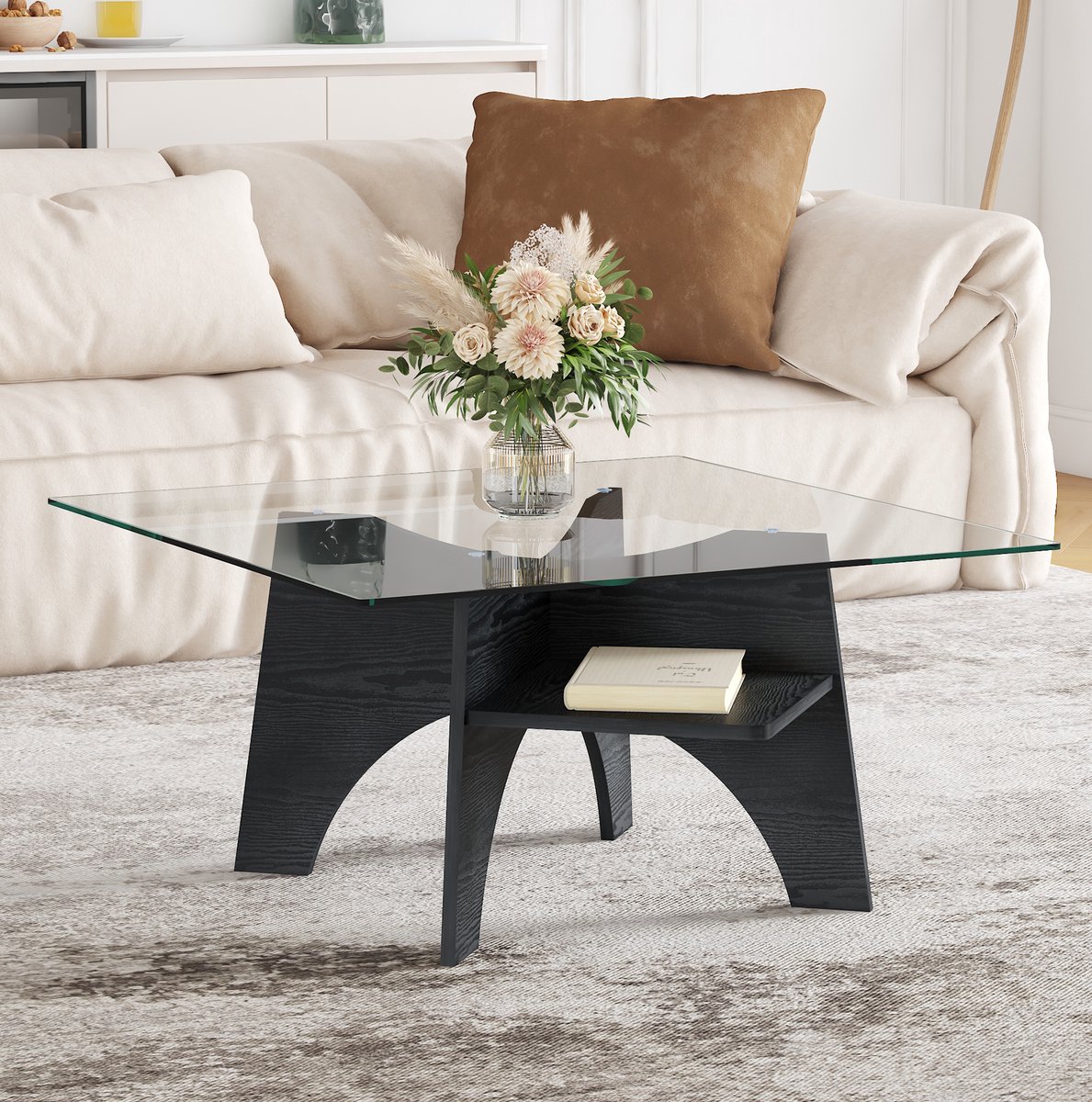 REDOM Salontafel - Veiligheidsglazen tafelblad - Open opbergvak - MDF onderstel met houtlook - Modern - Woonkamer - Zwart - 80 x 80 x 40 cm