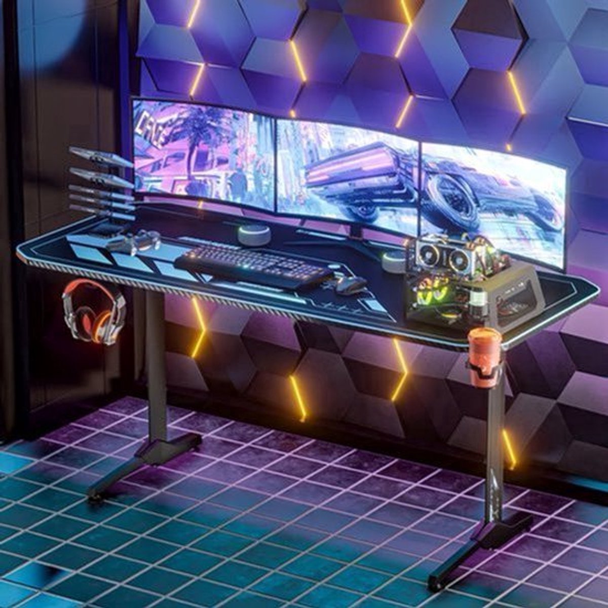 Gaming Bureau – Gamer Bureau – Computerbureau – Bureau Voor Thuiswerken – Studiebureau – Extra Ruim 160x75x75 cm – Inclusief Volledige Muismat & Bekerhouder Zwart Blauw