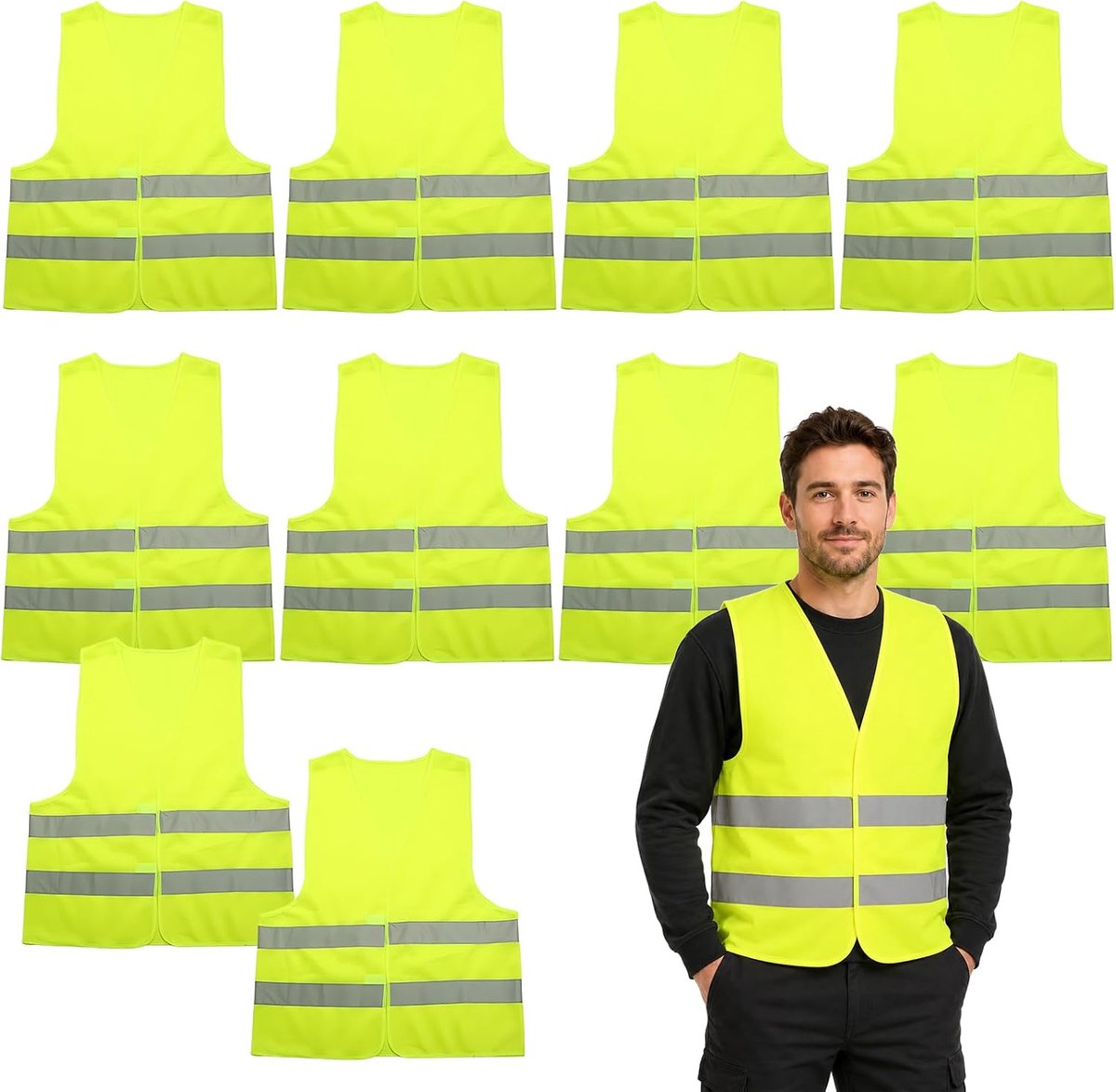 10 Stuks Veiligheidsvesten voor Auto, Hoge Zichtbaarheid Veiligheidsvesten voor Volwassenen, 360° Reflecterende Strepen, Ademend Polyester Reflectievest voor Auto, Fiets, Motor en Bouwplaats