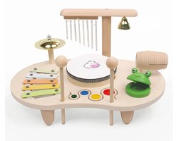 Montessori Houten Drumstel Peuter – Educatief Speelgoed & Muziektafel met Trommel, Xylofoon, Cimbaal, Windgong & Kikker