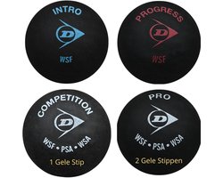 Dunlop Squashballen Testpakket Uitvoering : 1x Intro, 1x Progress, 1x Competition, 1x Pro