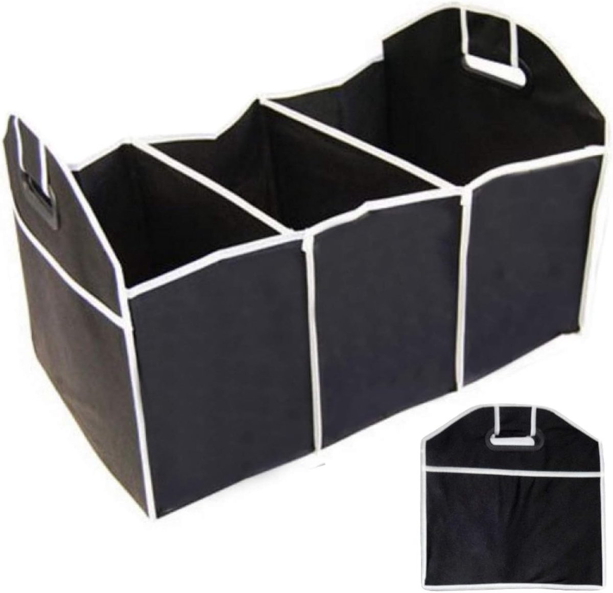SnelShoppen - Auto Kofferbak Organiser, Vouwbare Kofferbak Tas, 3 Compartimenten, Zwart, Met Versterkte Handvatten, 55x35x30 cm, Ideaal Voor Auto, Cam