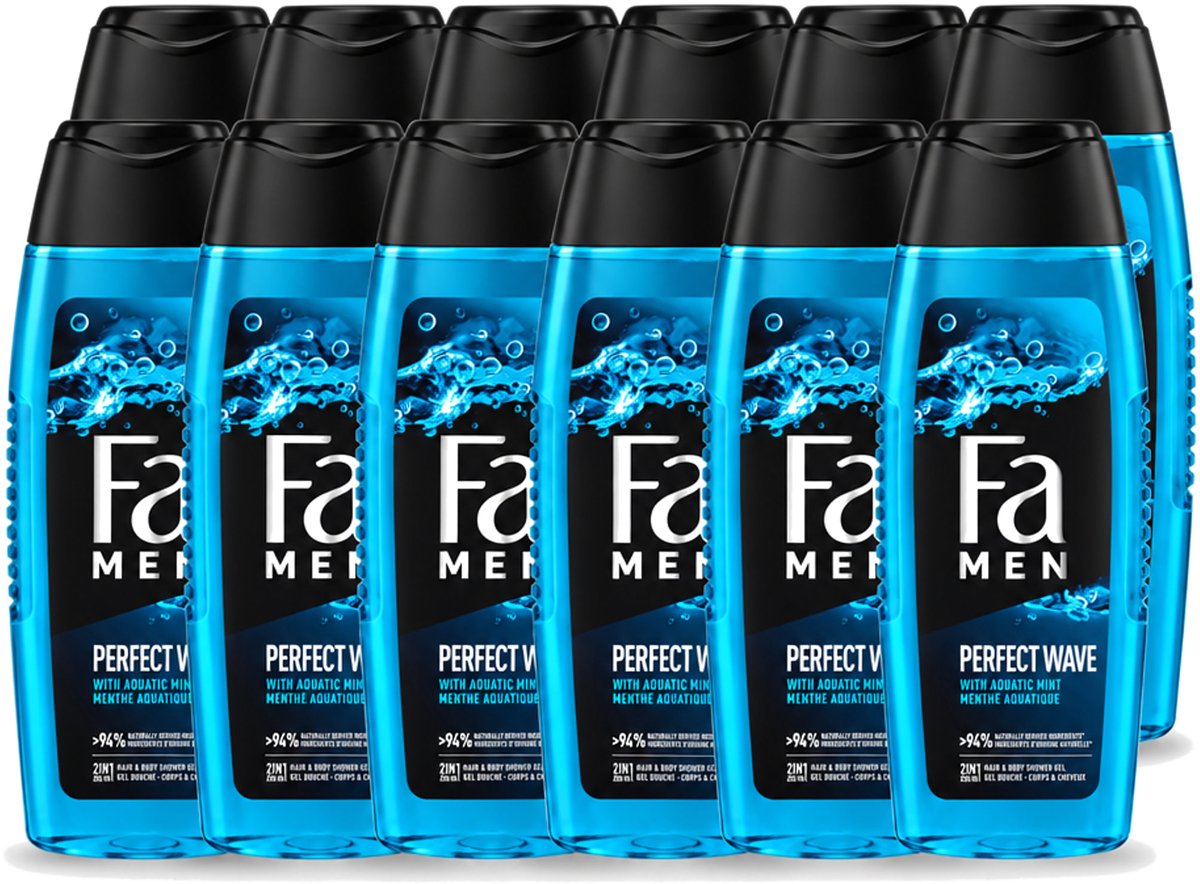 12 x Fa Men - Perfect Wave - 2 in 1 Douchegel & Shampoo - Menthol - 250 ml - Voordeelverpakking - 12 stuks