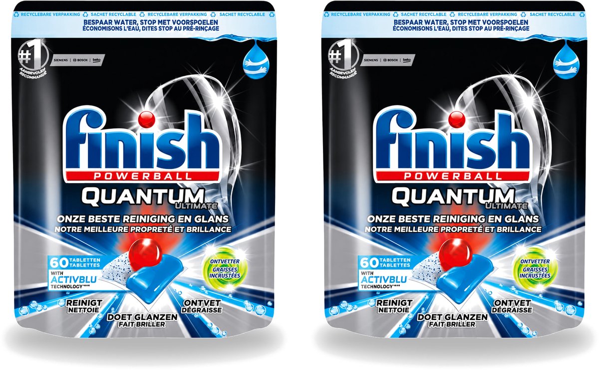 2 x Finish Powerball - Quantum Ultimate - Vaatwastabletten - Ontvetter - 60 Tabletten - Voordeelverpakking - 2 stuks