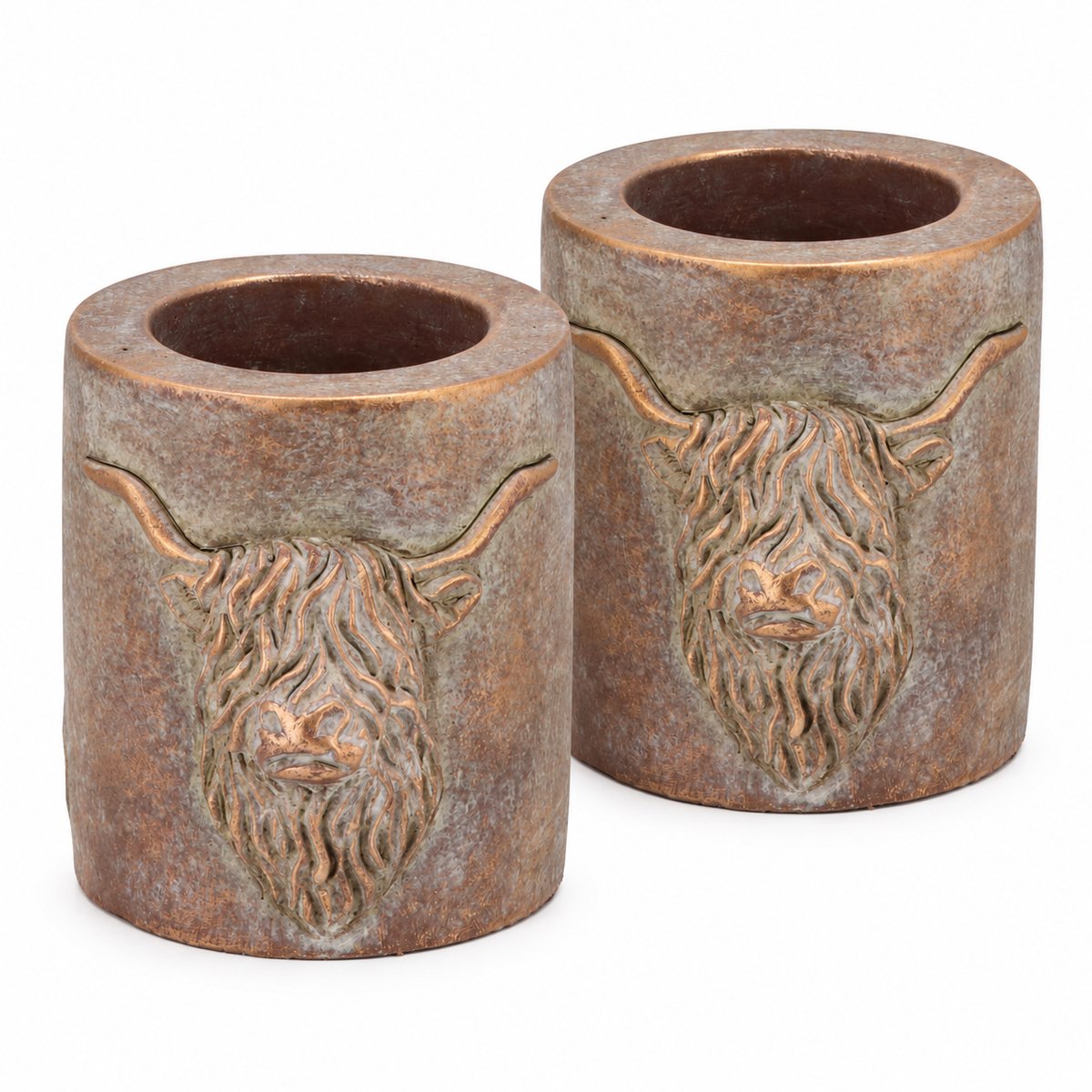 Daan Kromhout - Waxinehouders - Set van 2 - Beton - Schotse Hooglander - Grijs - Goud -13 en 11 cm hoog