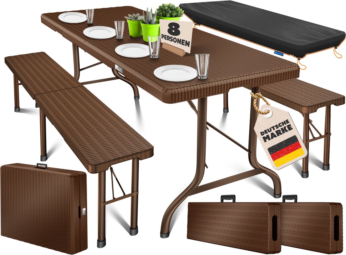 KESSER® Biertafelset 3-delig - klaptafel en 2 banken - 183x76x74 cm - tot 10 personen - bruin rattan