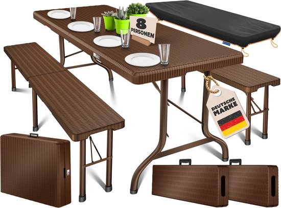 Opvouwbare biertafelset in bruine rattan-stijl, geschikt voor 8 personen, inclusief weerbestendige hoes en koffer.