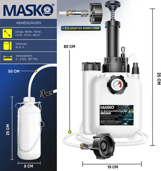 Afmetingen van de MASKO 3L remontluchter: 19x25x40cm, en 1L opvangfles.
