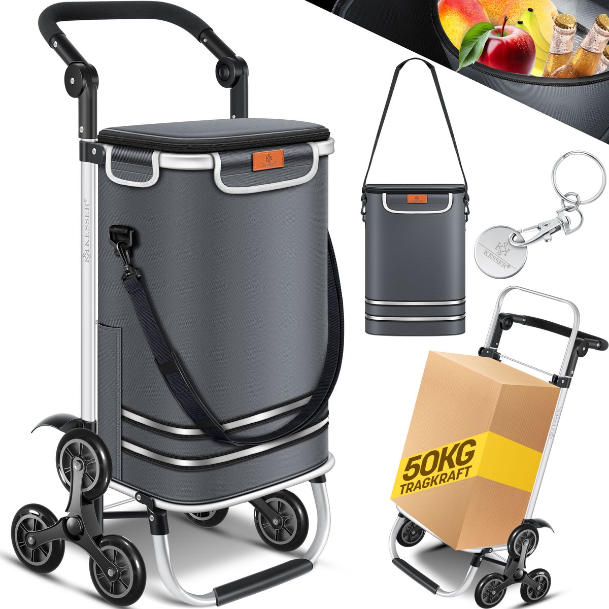 KESSER® Boodschappentrolley met trapklimmer - opvouwbaar, 56 L met koelvak, tot 50 kg - Antraciet