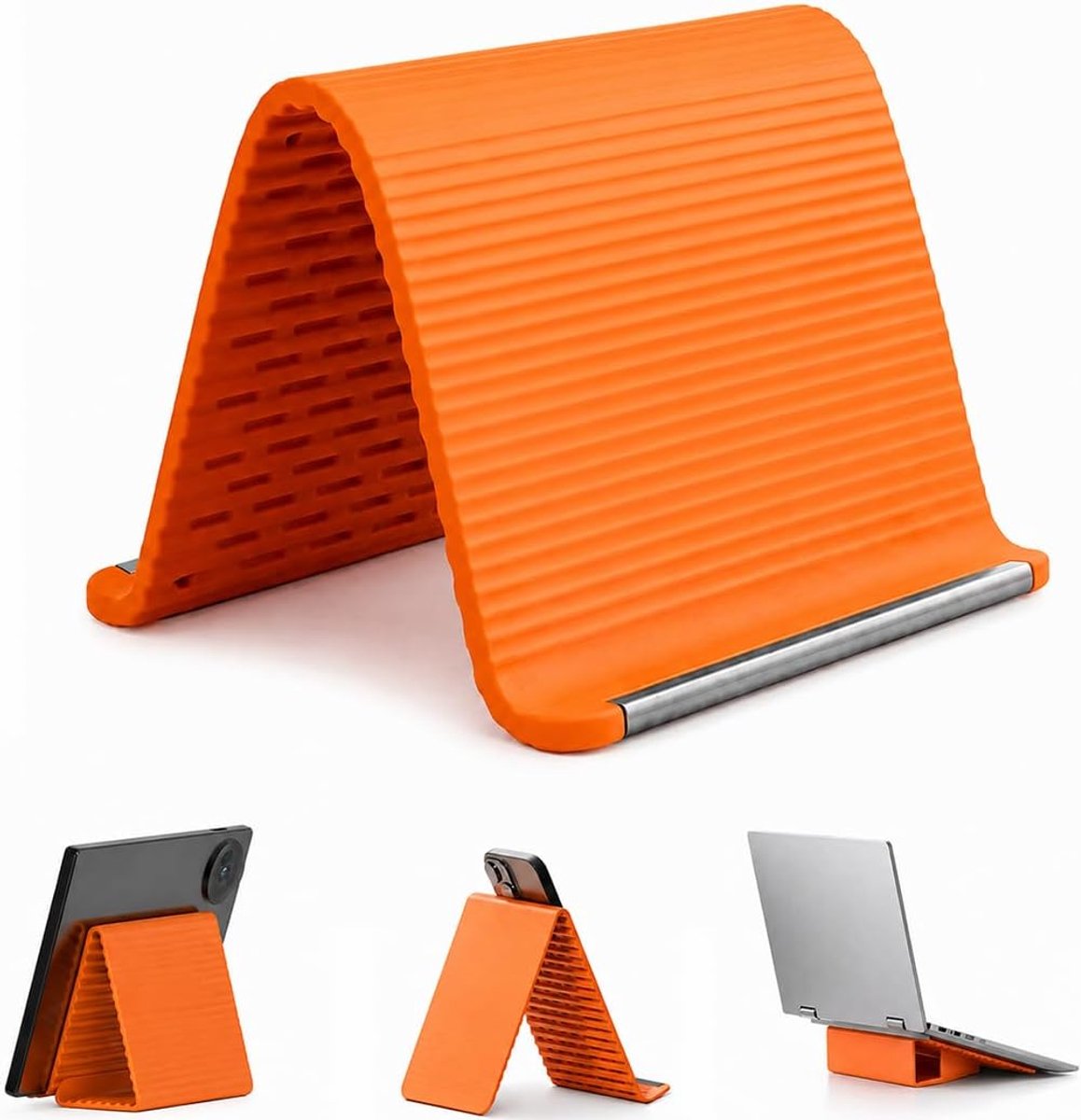 Telefoonstandaard van siliconen en aluminium, flexibel, buigbaar en antislip, draagbaar, met roldesign voor thuis, kantoor en reizen, voor telefoons, tablets en laptops