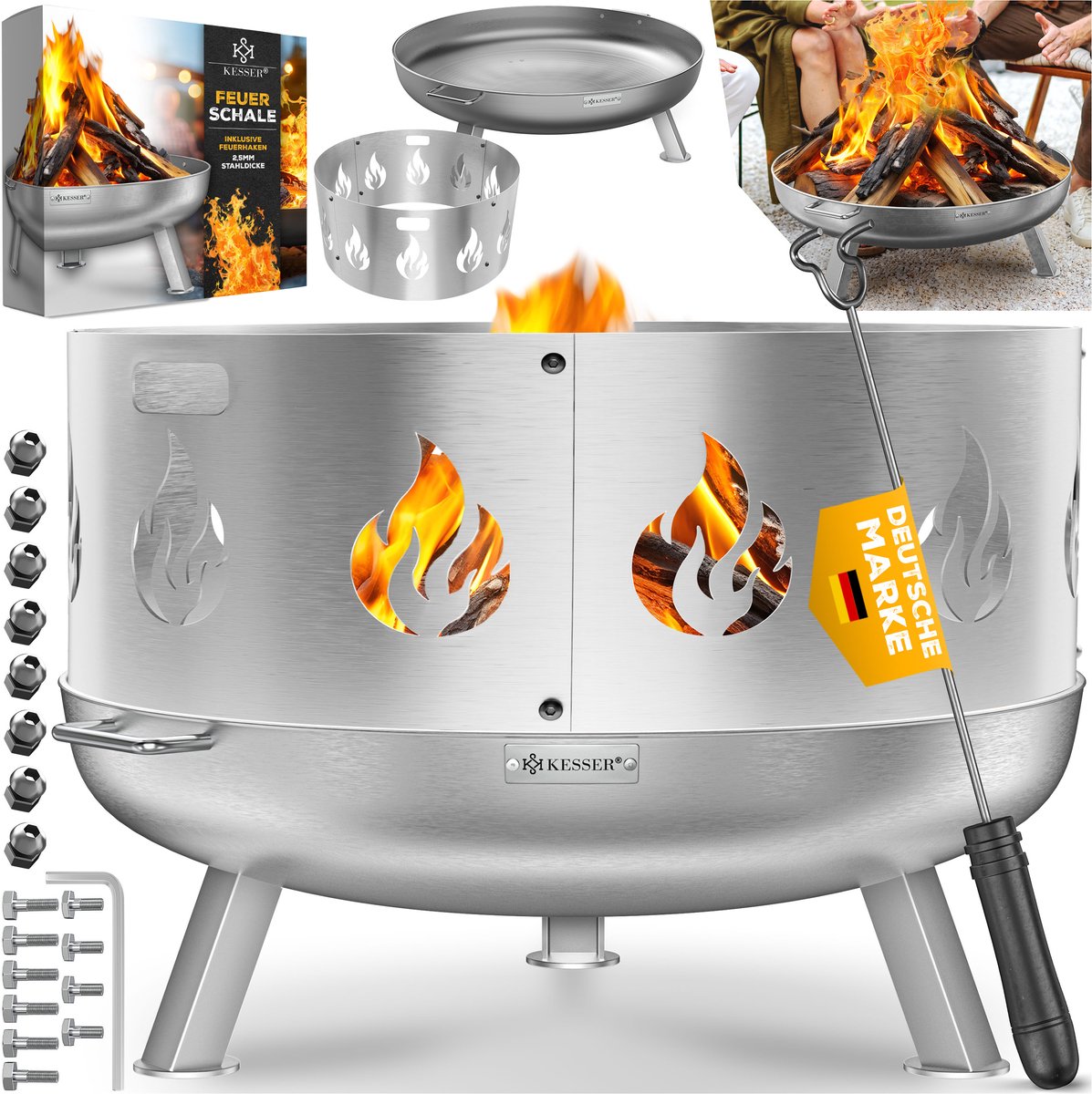 KESSER® Vuurschaal met vonkenscherm - gelegeerd staal - met gietijzeren pook - Ø 80 cm