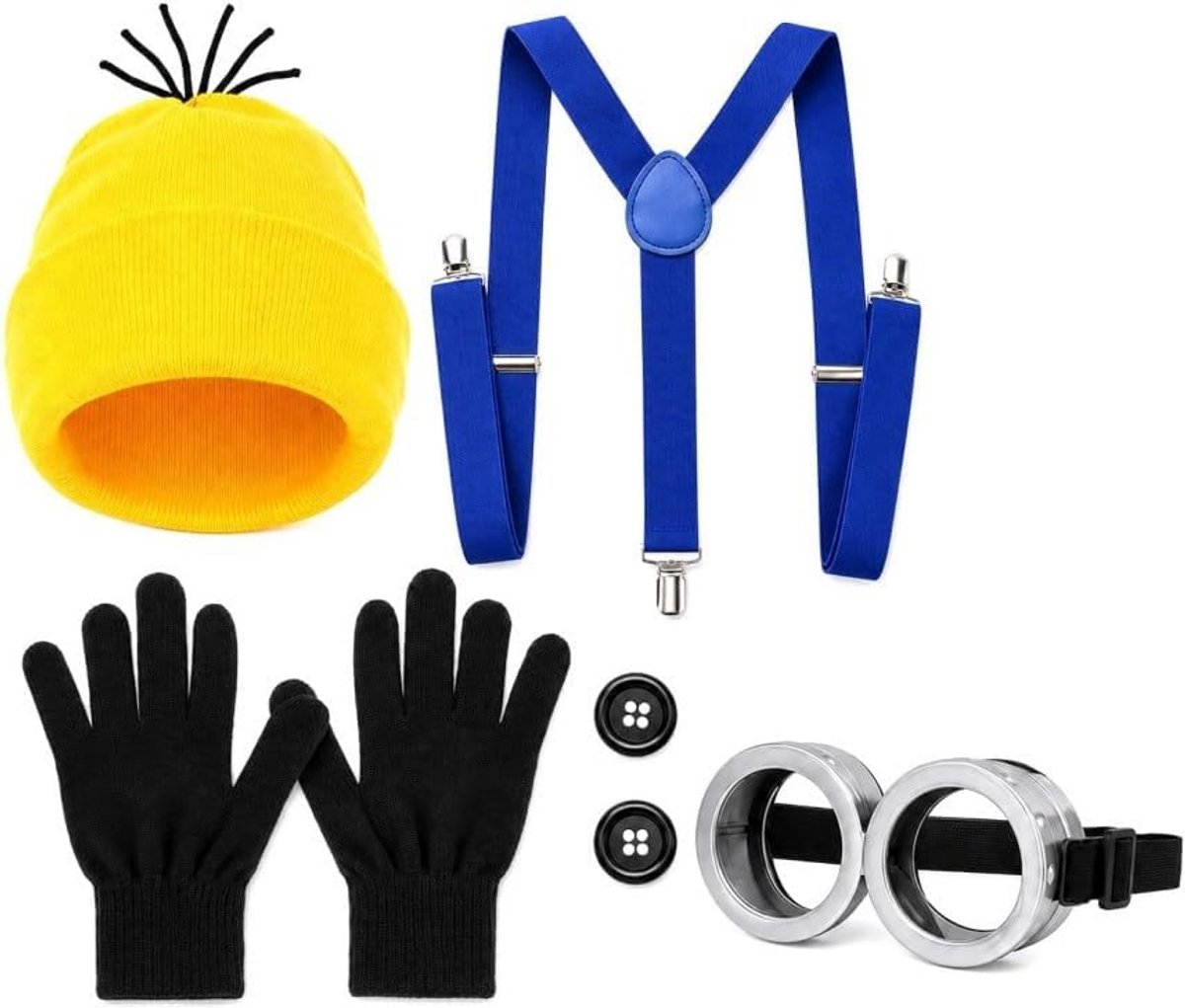 Verkleedaccessoires Set 5-delig voor Volwassenen, Muts met Zwarte Pruik, Bril, Blauwe Bretels, Zwarte Handschoenen en Knopen voor Carnaval, Halloween en Themafeesten