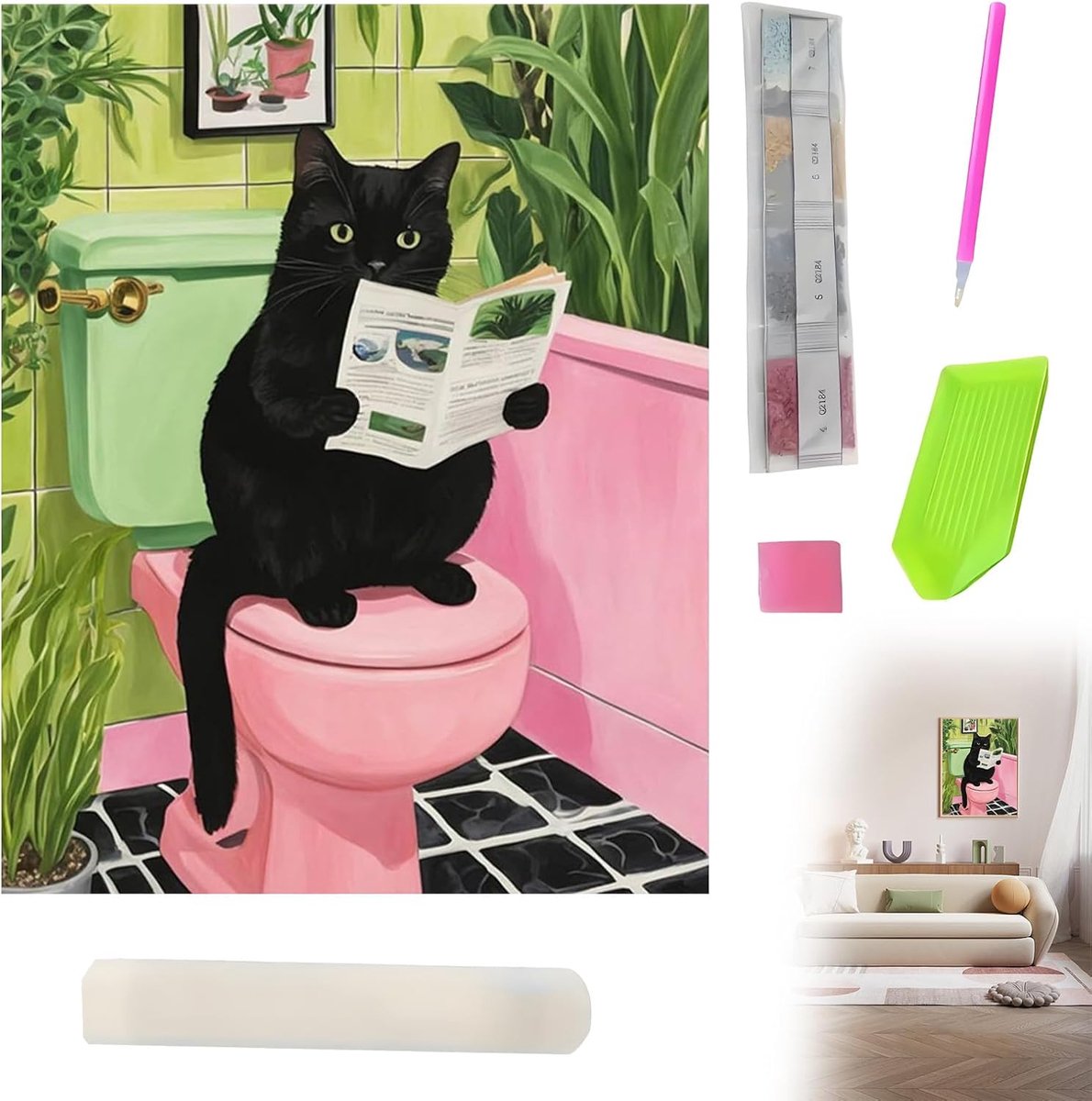 Viojrlly Diamantschilderij voor volwassenen, 30 x 40 cm, zwarte kat op het toilet met krant, doe-het-zelf schilderset, mozaïekkunst, 5D-wanddecoratie
