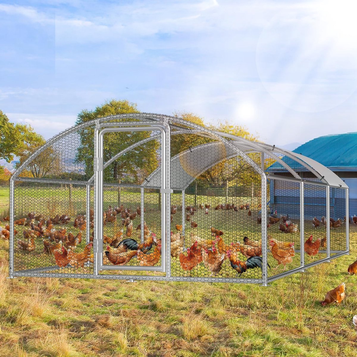 3 x 6 x 2 m, koepel-dak, kippenhok, vrijloop, met slot van verzinkt staal en waterdicht PE-kleurdoek, dierenverblijf, snel te reinigen