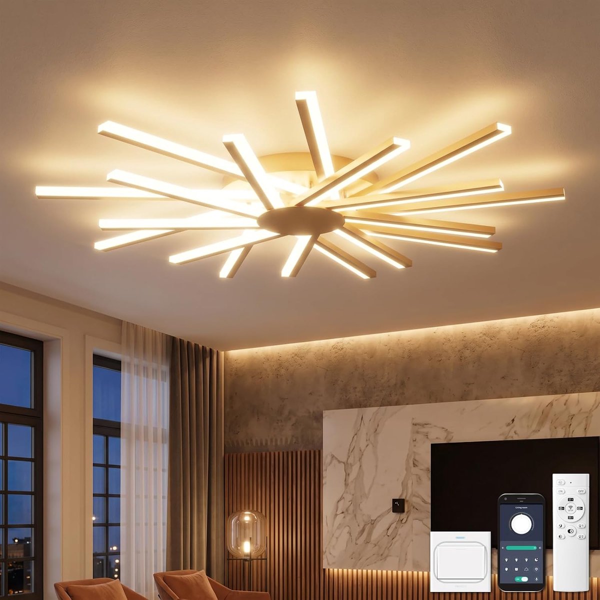Plafondlamp, diameter 96 cm, groot, woonkamerlamp, modern, plafondlamp met 18 lampen, dimbaar, met afstandsbediening, geheugenfunctie, goud