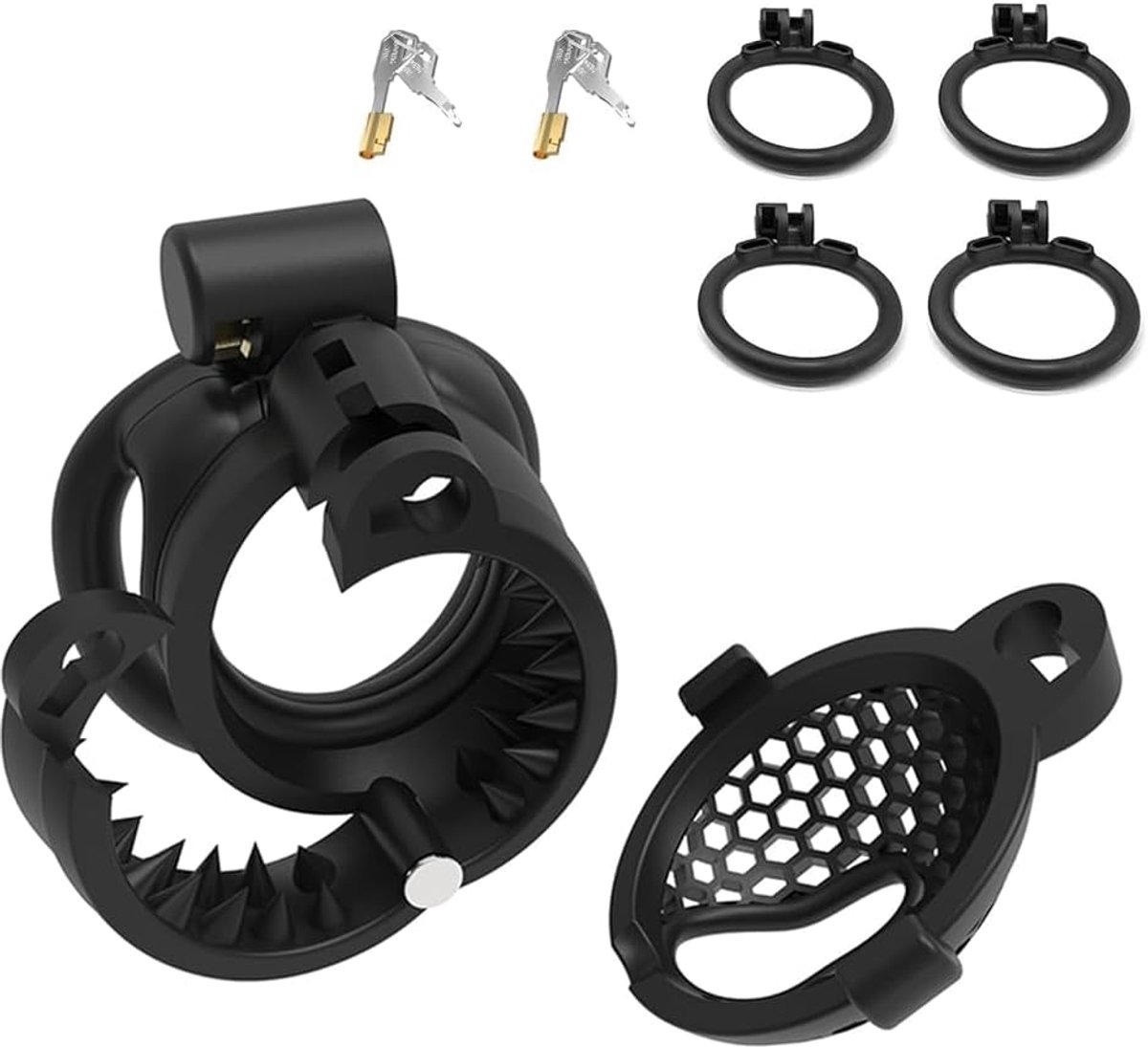 Honeycomb met 4 penisringen en grote plasopening, dubbel slotontwerp Kuisheidsapparaat Seksspeeltjes voor volwassenen SM Slave Restraint & Bondage Set (Black,Flat)