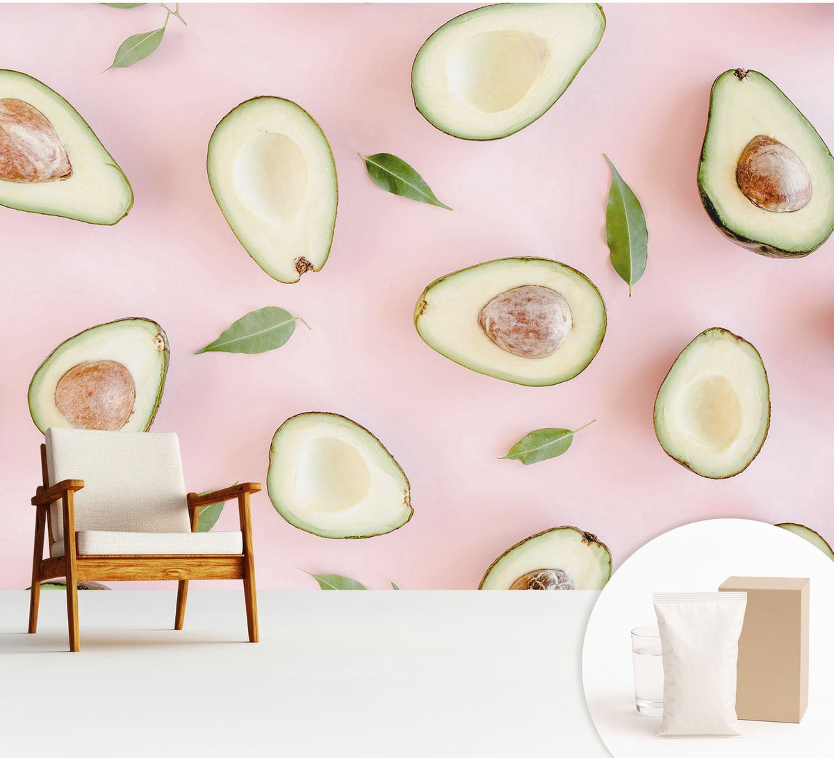 Wallfluent Fotobehang - Roze Vliesbehang - 312x219 cm - Samenstelling Van Avocado Muurschildering - Slaapkamer behang Voedsel - Fotobehang Vlies - Gang behang