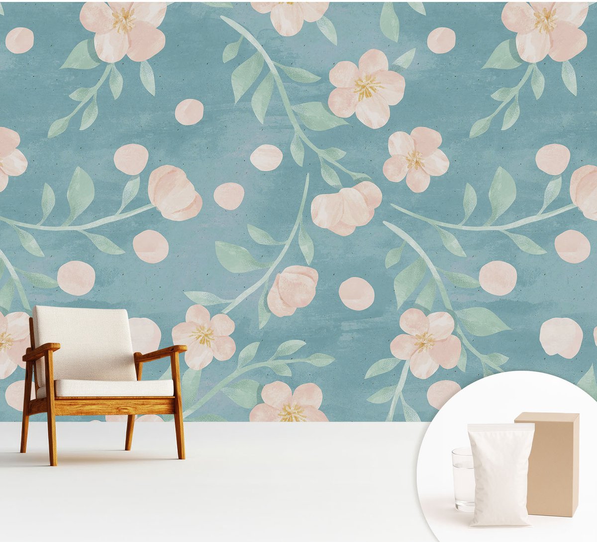 Wallfluent Fotobehang - Blauw Vliesbehang - 312x219 cm - Bloemige Elegantie Fotobehang Vlies - Hal behang Bloemen En Planten - Muurschildering - Woonkamer behang